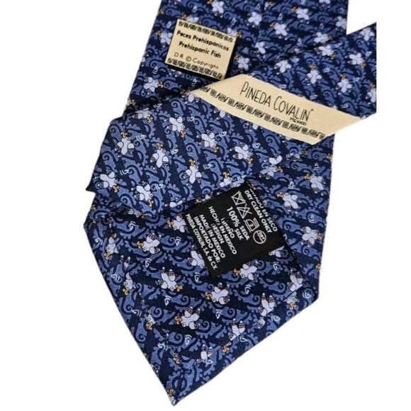 PINEDA COVALIN Men's Silk Necktie LUXURY Tie Blue Prehispanic Fish W:3.7" EUC - Picture 5 of 5